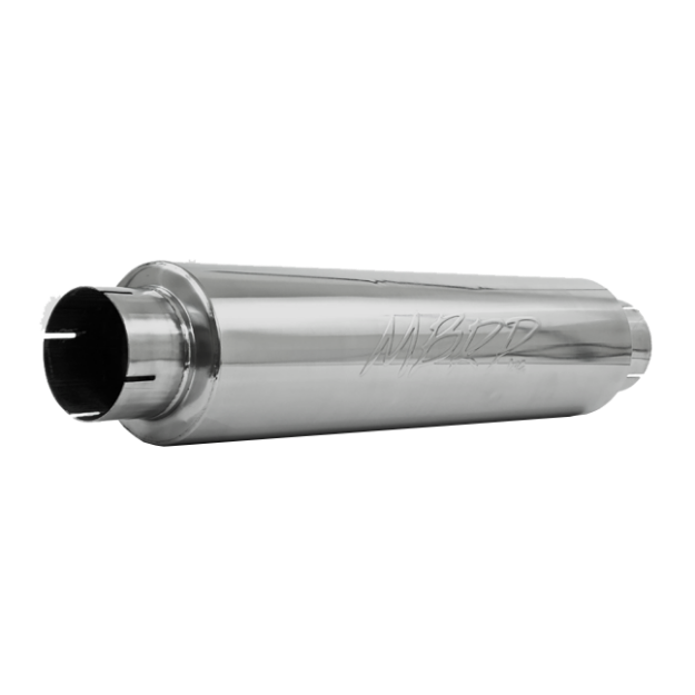 Picture of 4 Inch Inlet/Outlet Quiet Tone Exhaust Muffler 24 Inch Body 6 Inch Diameter 30 Inch Overall T409 Stainless Steel MBRP